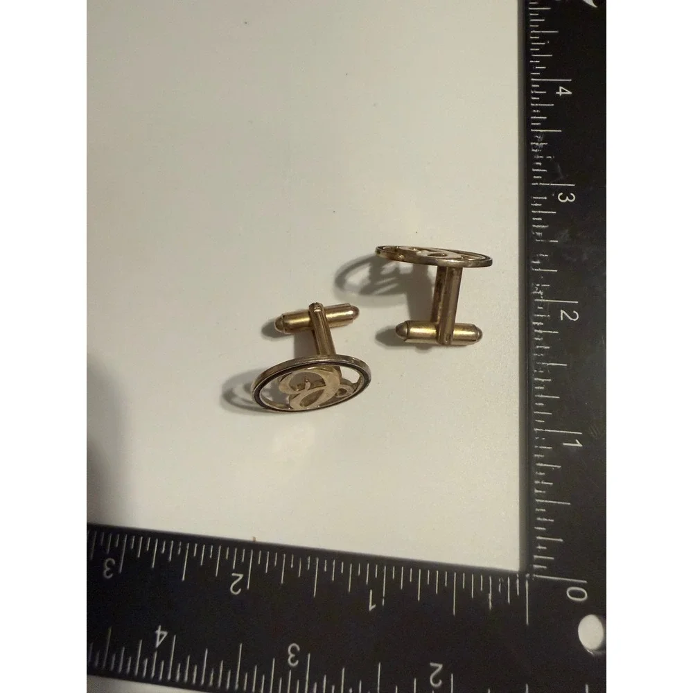 Vintage Gold Tone Monogram Script Initial Openwork Circular Toggle Cufflinks